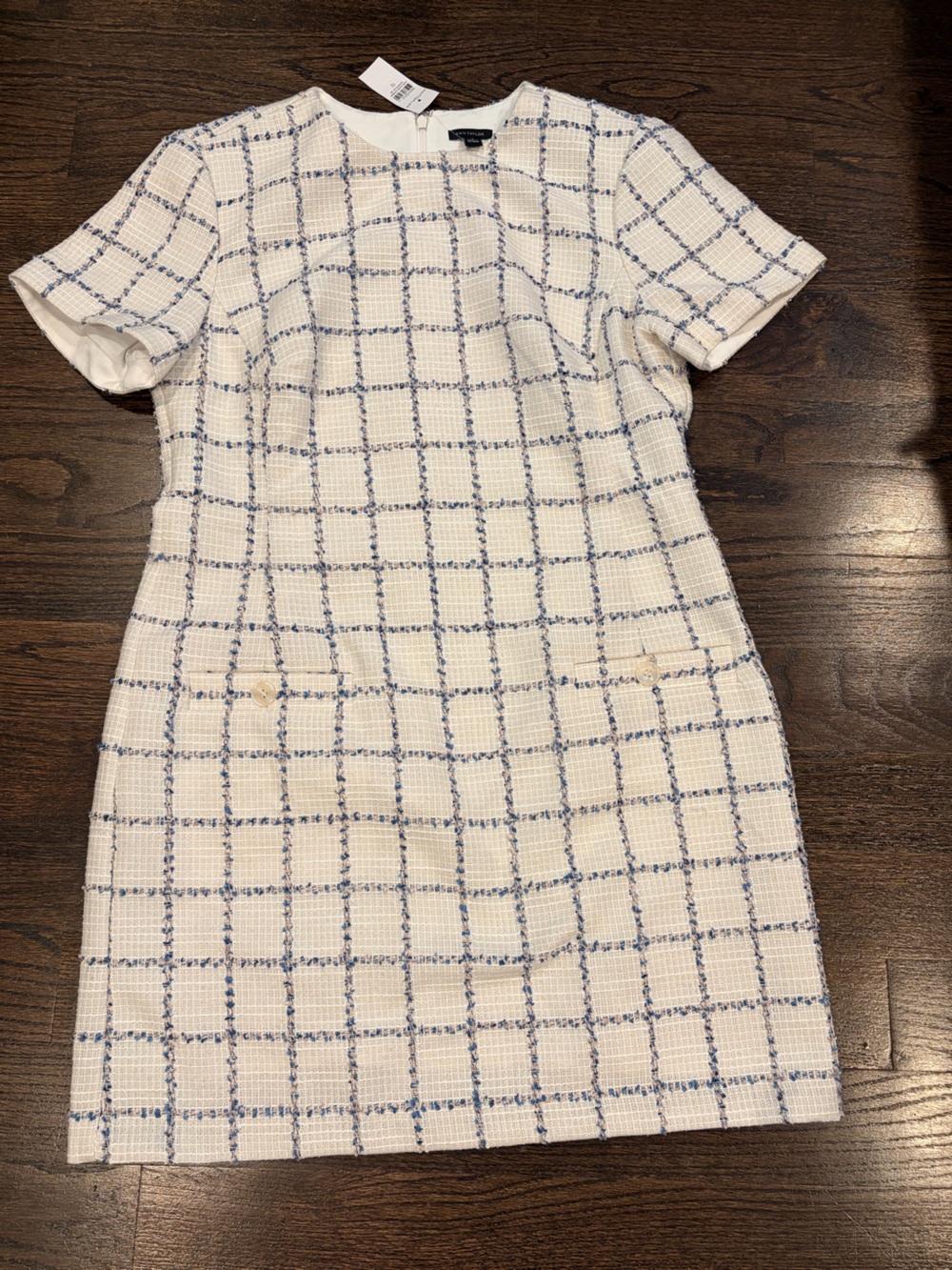 Ann Taylor Cream and Blue Windowpane Tweed Short-Sleeve Dress
